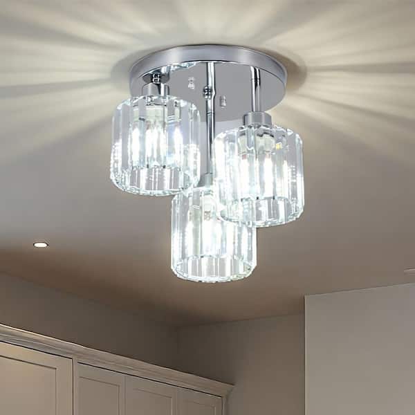 MODERN HABITAT 11 in. 3-Light Glass Shade Brushed Nickel Modern Flush Mount Chandelier for Kitchen Island with No Bulbs Included