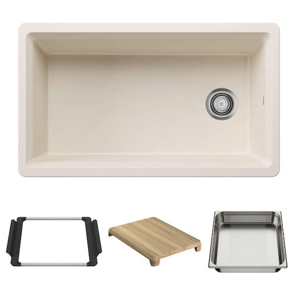 Inteos 33 in. Undermount Single Bowl Soft White Granite Composite Kitchen Sink With Colander and Cutting Board