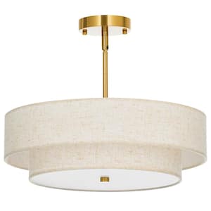 18 in. 4-Light Antique Brass Semi-Flush Mount Ceiling Light Fixture Drum Pendant Light with 2-Layer Fabric Shade