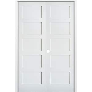 64 in. x 96 in. Craftsman Shaker 5-Panel Left Handed MDF Solid Core Primed Wood Double Prehung Interior French Door
