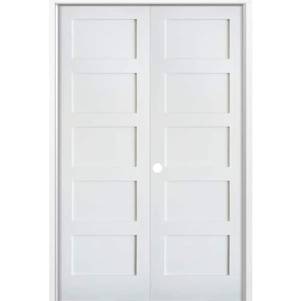 Krosswood Doors 64 in. x 96 in. Craftsman Shaker 5-Panel Left Handed MDF Solid Core Primed Wood Double Prehung Interior French Door