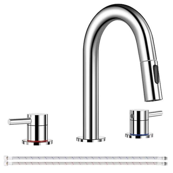 AKLFGN Double Handles 8 in. Widespread Bathroom Sink Faucet 3-Hole with Pull Out Sprayer in Polish Chrome