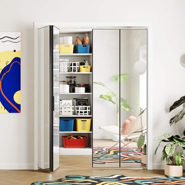 72 in. x 80 in., Mirrored Glass, Black, Hollow Core, MDF, Aluminum Frame, Full Lite Bi-Fold Doors with Hardware Kits