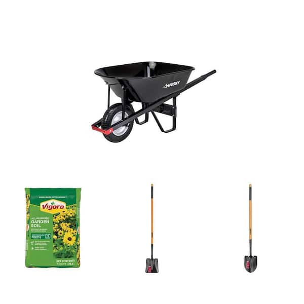 6 cu. ft. Steel Wheelbarrow, 1 cu. ft. Garden Soil, 47 in. Wood Handle Transfer Shovel and Digging Shovel Combo