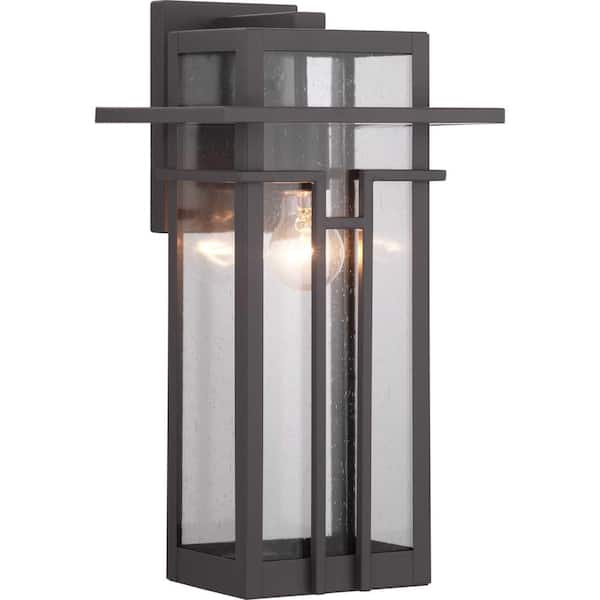 Boxwood Collection 1-Light Antique Bronze Clear Seeded Glass Craftsman Outdoor Large Wall Lantern Light