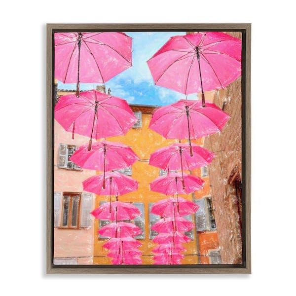 Stupell Industries Pink Umbrellas in Town by Graffi Tee Studios Brown Floater Frame Architecture Graphic Art Print 31 in. x 25 in.