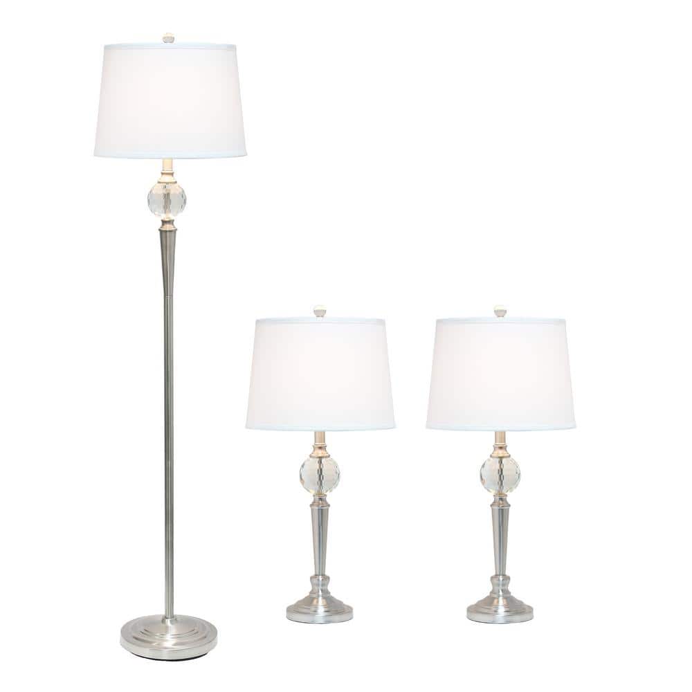 Elegant Silver Crystal Drop Floor & Table Lamp Trio Set with White Shades