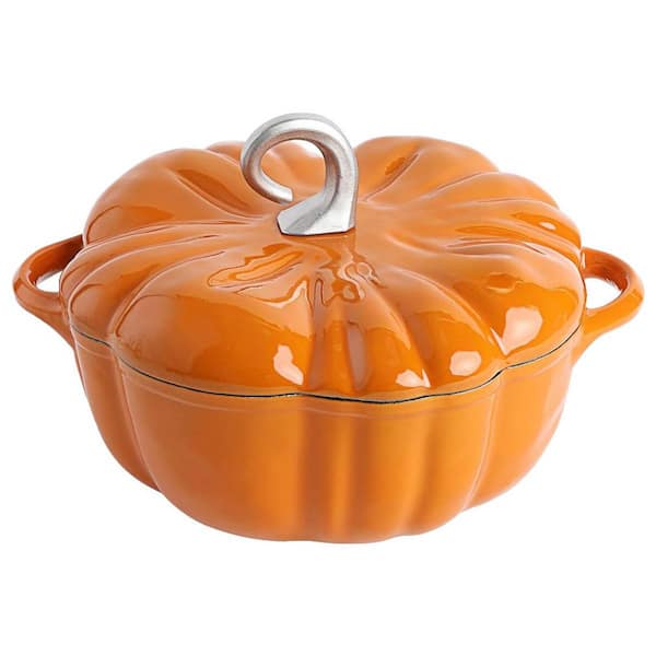 3.5 qt. Pumpkin Shape Enamel Cast Iron Dutch Oven in Orange with Lid, Superior Heat Retention, Easy to Clean
