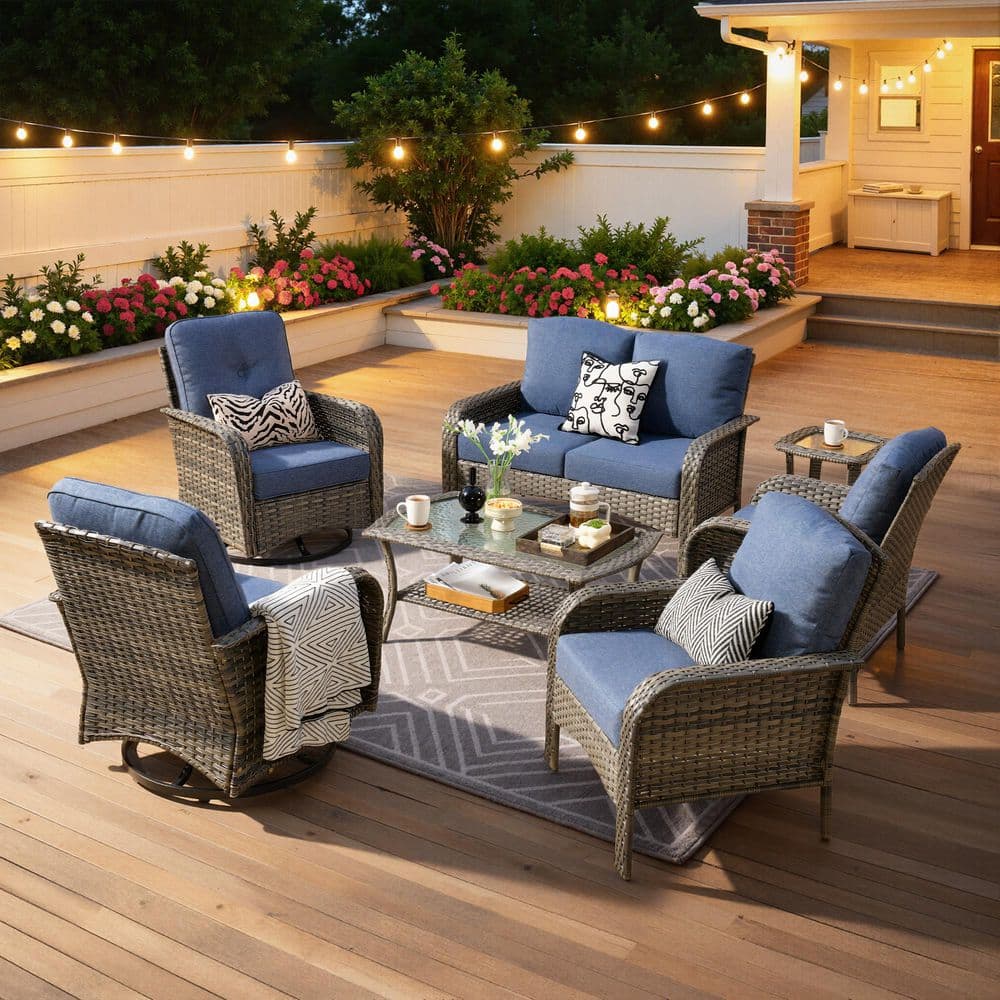 Ruby Gray 7-Piece All-Weather Wicker Outdoor Patio Conversation Sofa Set with Swivel Chairs and Denim Blue Cushions price history on PriceWatchPro