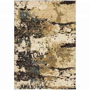 4' X 6' Beige Charcoal Teal And Moss Green Abstract Power Loom Stain Resistant Area Rug