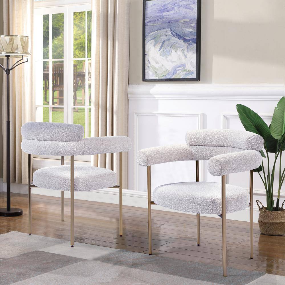 Cream Bouclé Upholstered Metal Arm Chairs with Gold Legs, Set of 2