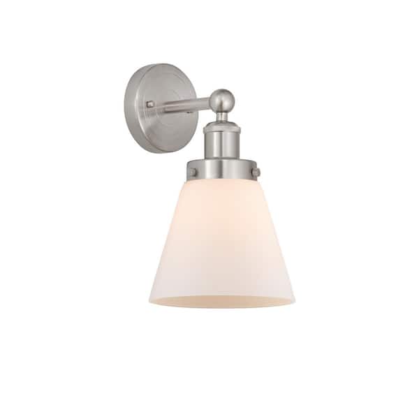 Cone 1-Light Brushed Satin Nickel, Matte White Wall Sconce with White Glass Shade