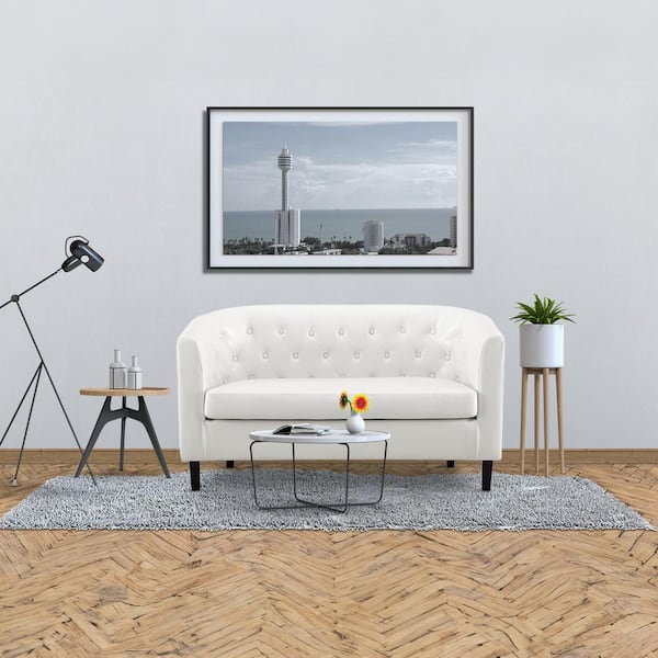 HOMESTOCK 51.25 in. White Faux Leather Button-Tufted Barrel Loveseat - Midcentury Modern 2-Seater Sofa