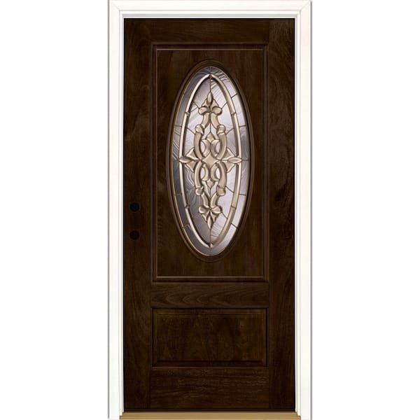 Feather River Doors 37.5 in. x 81.625 in. Silverdale Brass 3/4 Oval Lite Stained Chestnut Mahogany Right-Hand Fiberglass Prehung Front Door