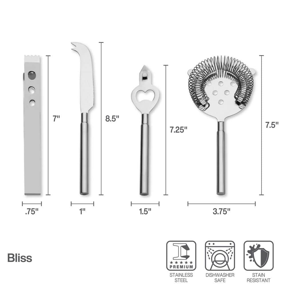Bliss 8-Piece Stainless Steel Bar Tool Set with Acacia Wood Stand