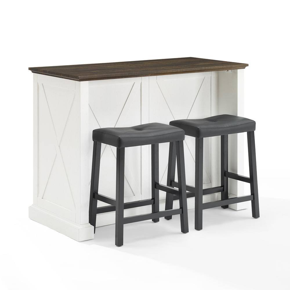 Distressed White Kitchen Island with Black Stools