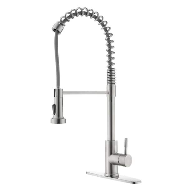 Mondawe Single Handle Gooseneck High Arc Spring Pull Down Kitchen Faucet with Deck Plate in Brushed Nickel