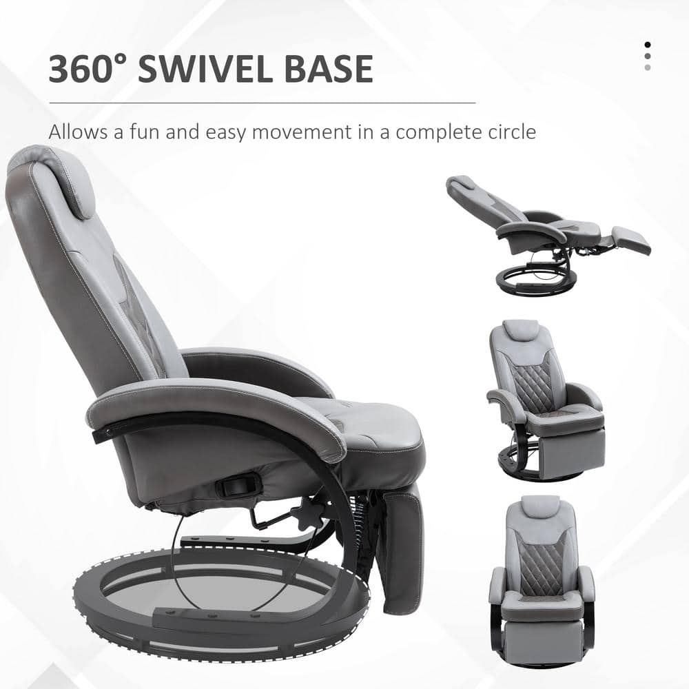 Gray Faux Leather Swivel Recliner with Footrest and Metal Base