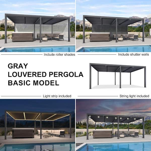 12 ft. x 20 ft. Gray Aluminum Frame Outdoor Hardtop Louvered Pergola with Adjustable Sunshade Roof and In-Built Gutter