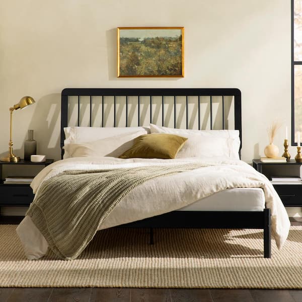 Walker Edison Furniture Company Mid-Century Modern Black Solid Wood Frame Queen Platform Bed