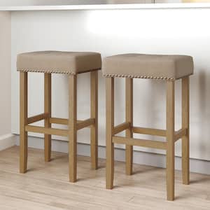 Hylie 29 in. Nailhead Wood Pub Kitchen Counter Backless Bar Height Stool, Natural Flax/Light Brown, Set of 2