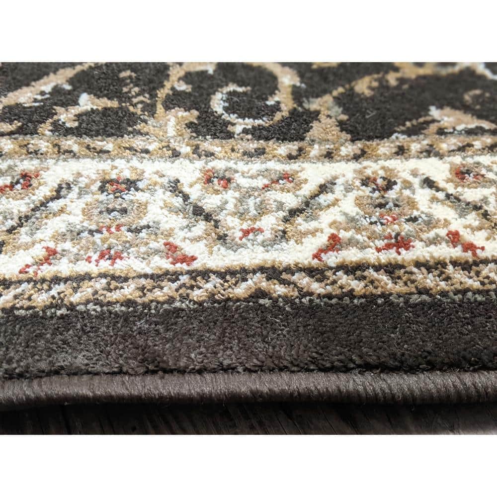 Como Traditional Warm Brown Floral Border Runner Rug