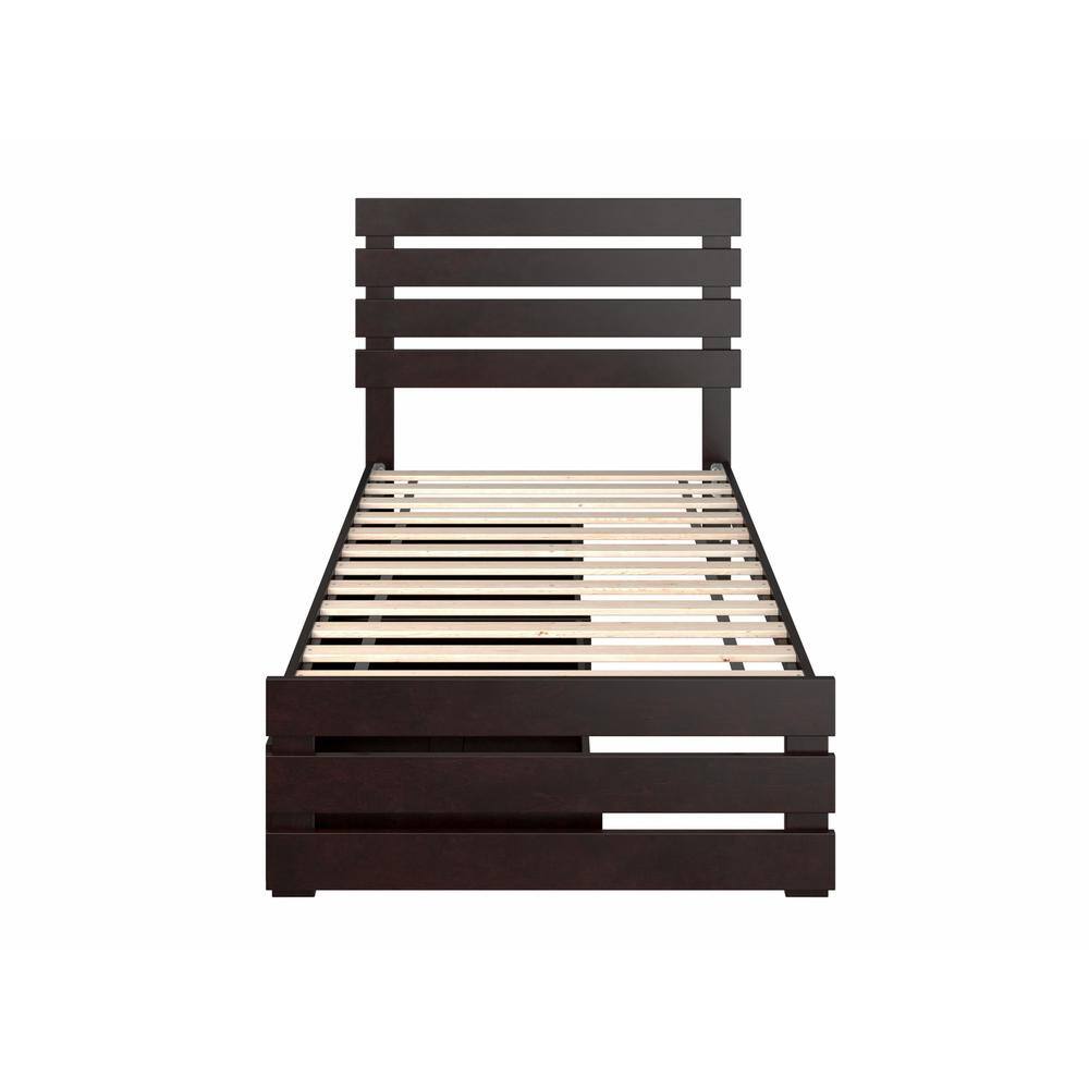 Espresso Twin Wood Storage Bed with Slatted Headboard and Drawers