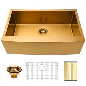 Gold 16-Gauge Round Corner Stainless-Steel 30 in. Single Bowl Farmhouse Apron Kitchen Sink with Bottom Grid