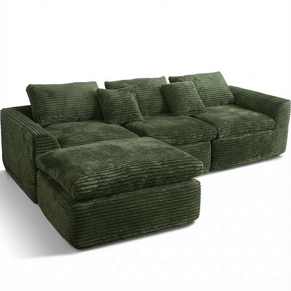 Bunny Modern 107 in. Square Arms 4-Piece Corduroy Modular Compressed Sectional Sofa in Green with Ottoman