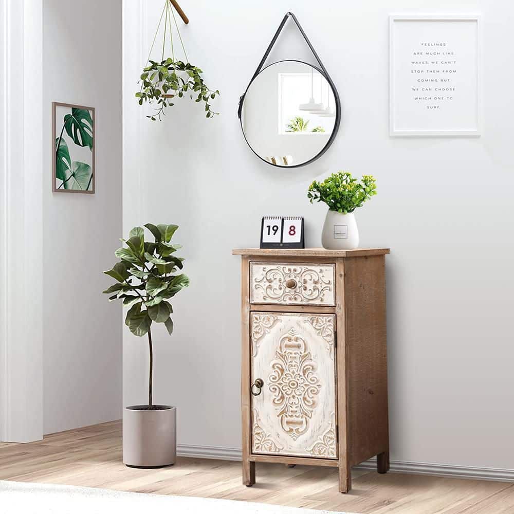 Rustic Floral Carved Wood and Metal End Table with Storage