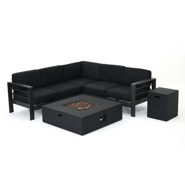 Noble House Gray 5-Piece Aluminum Outdoor Patio Fire Pit Conversation Set with Dark Gray Cushions