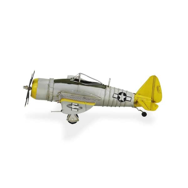 HomeRoots Metal Yellow and Gray Hand Painted P-47D Thunderbolt Airplane Model Sculpture