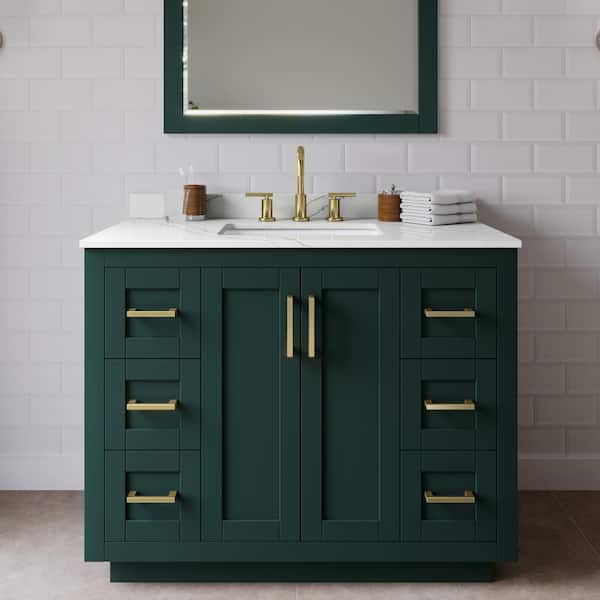Wyndham Collection Miranda 42 in. W x 22 in. D x 33.75 in. H Single Bath Vanity in Green with Giotto Quartz Top and 34 in. Mirror