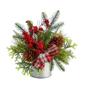 12 in. Unlit Holiday Winter Pinecones, Berries, Greenery and Plaid Bow Artificial Christmas Table Arrangement