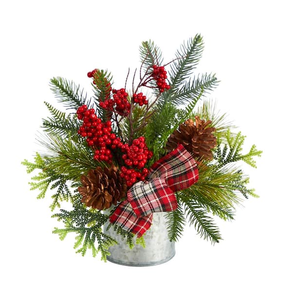 12 in. Unlit Holiday Winter Pinecones, Berries, Greenery and Plaid Bow Artificial Christmas Table Arrangement