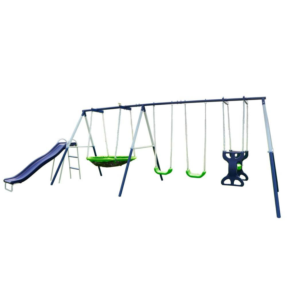 Sportspower Outdoor Rosemead Metal Swing Set with Roman Glider  Saucer  and 6  Double Wall Slide with Lifetime Warranty