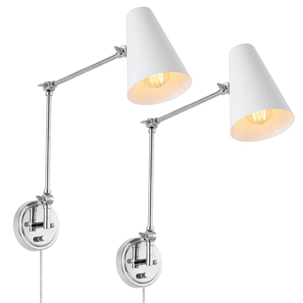 WINGBO Nickel and White Swing Arm Wall Lamp, Modern Adjustable Wall Mounted Sconce (Set of 2