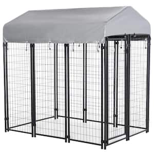 Black Steel 6 ft.  x 4 ft.  x 6 ft.  0.0005 -Acre In-Ground Dog Fence Dog Kennel Outdoor Steel Fence with Canopy