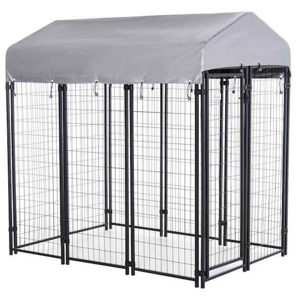 PawHut Black Steel 6 ft.  x 4 ft.  x 6 ft.  0.0005 -Acre In-Ground Dog Fence Dog Kennel Outdoor Steel Fence with Canopy