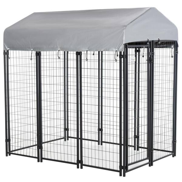 PawHut D02-011V02 Black Steel 6 ft.  x 4 ft.  x 6 ft.  0.0005 -Acre In-Ground Dog Fence Dog Kennel Outdoor Steel Fence with Canopy - 1