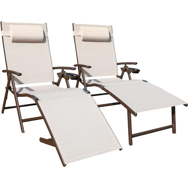 TIRAMISUBEST Brown Aluminum Folding Reclining Adjustable Outdoor Recliner in Beige (Set of 2)