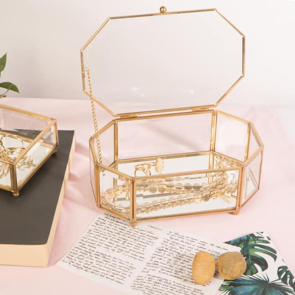 Home Details Vintage Mirrored in Gold Bottom Octagonal Glass Keepsake Box