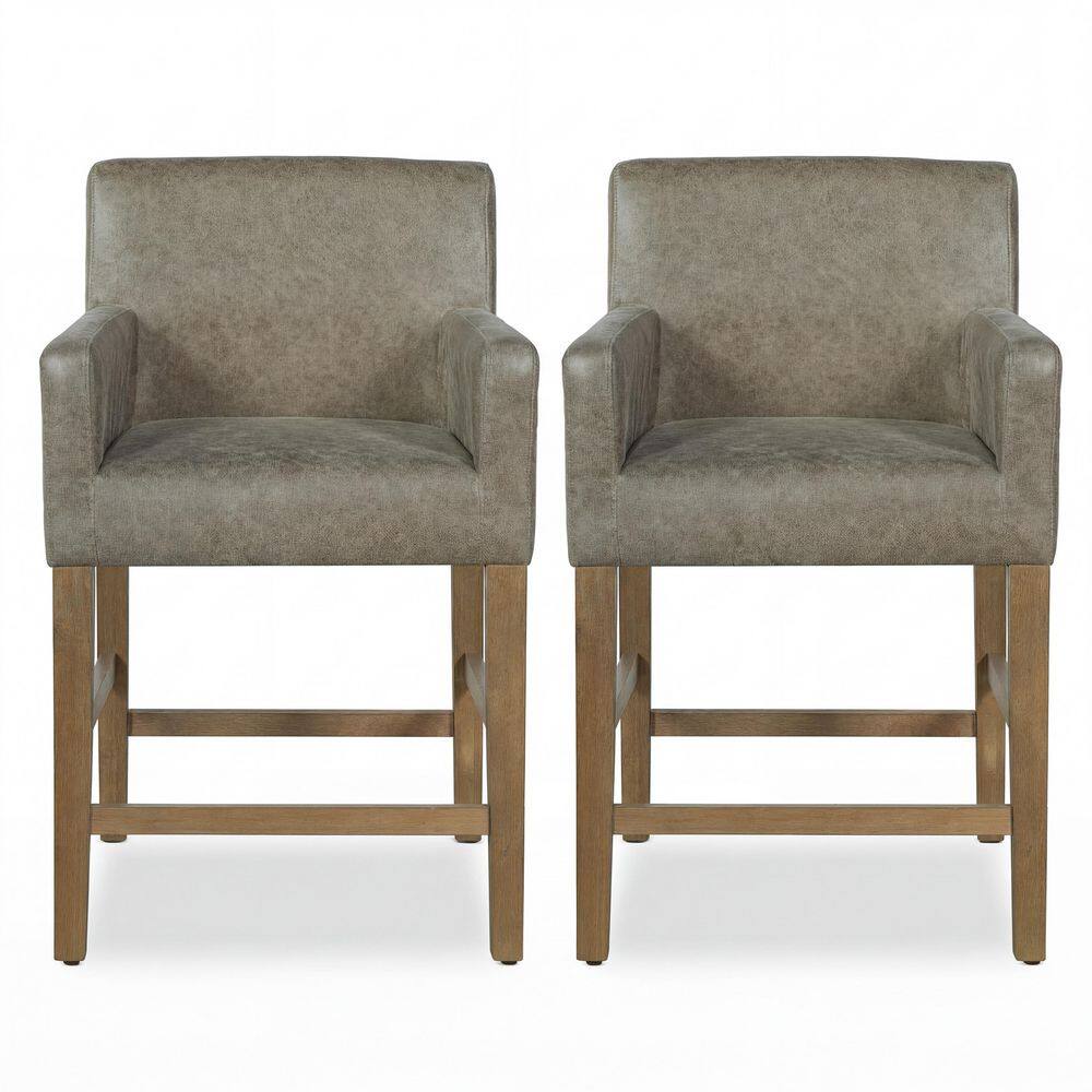 Two gray faux leather counter stools with natural wood frames.
