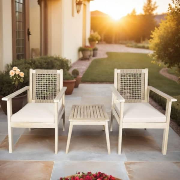 Avah 3-Piece Acacia Wood Patio Outdoor Conversation Set With Beige Cushions