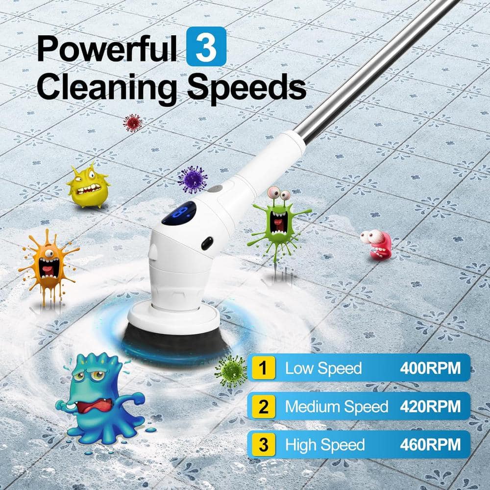 White Electric Spin Scrubber with Carbon Fiber Bristles and Adjustable Handle