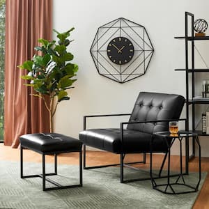 Set of 4-Modern Black Thick Leatherette Accent Chair and Accent Stool (2 Chairs and 2 Stools)