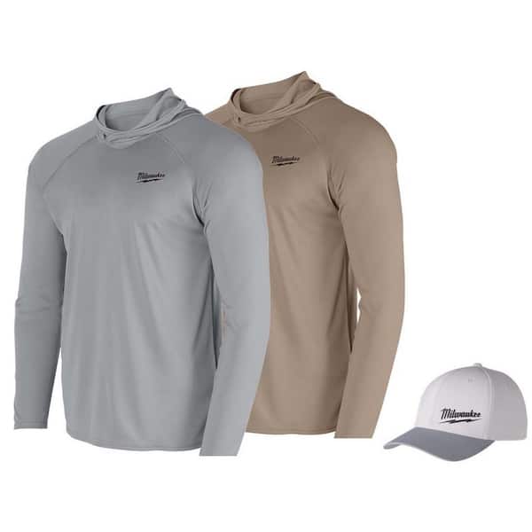 Milwaukee Men's Large Gray and Sandstone WORKSKIN Hooded Sun Shirt (2-Pack) with Large/X-Large Gray WORKSKIN Fitted Hat