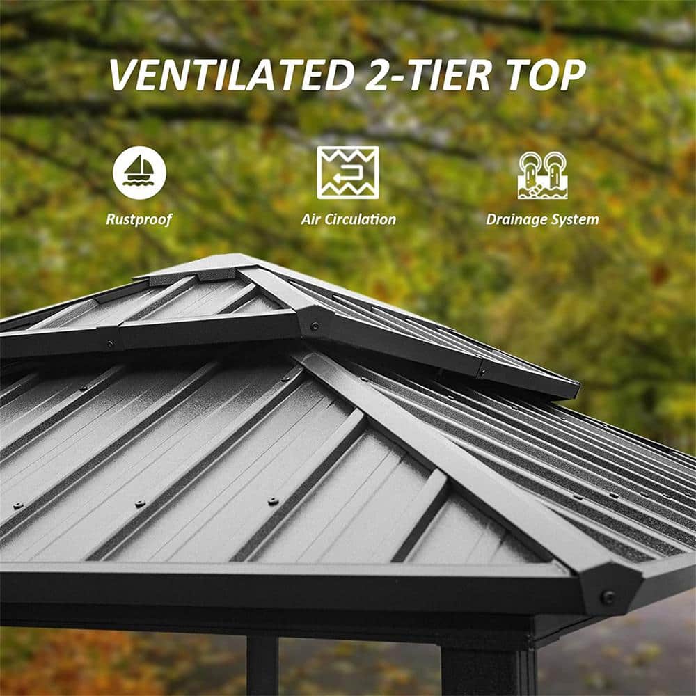 Gray Aluminum Grill Gazebo with Double Roof and Side Shelves