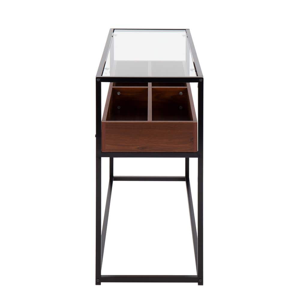 Contemporary Black Steel & Walnut Wood Console Table with Glass Top