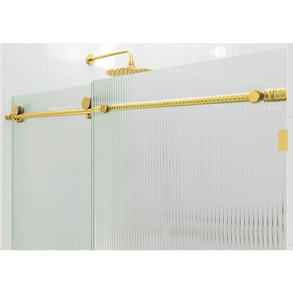 Galaxy 60" x 78" Frameless Fluted Glass Sliding Shower Door in Satin Brass